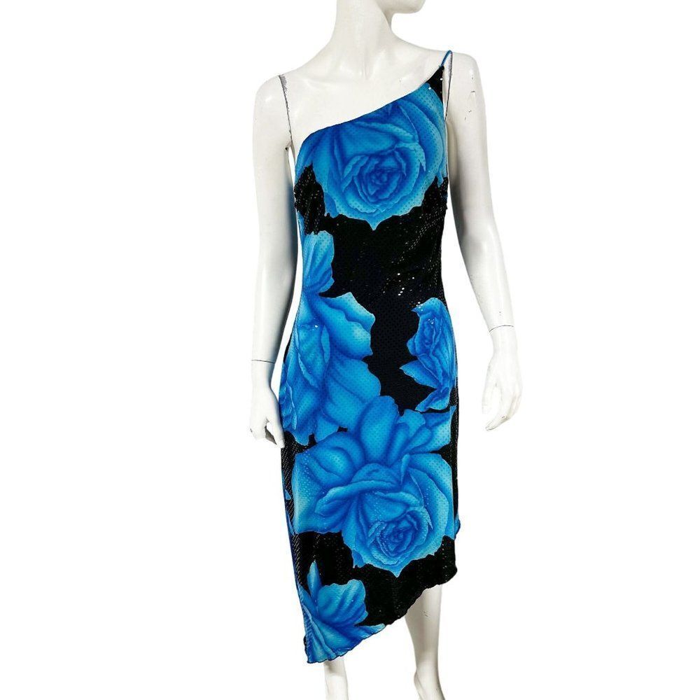 Vintage Cache Y2k 90s One Shoulder Rose Sequin Dress Asymmetric Hem Floral